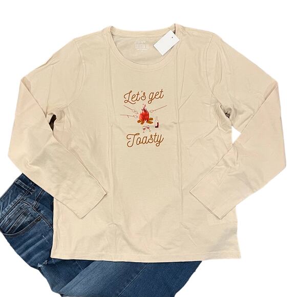 NWT J. Crew Beige W/"let's get toasty" Graphic Long Sleeve Tee - Picture 1 of 10